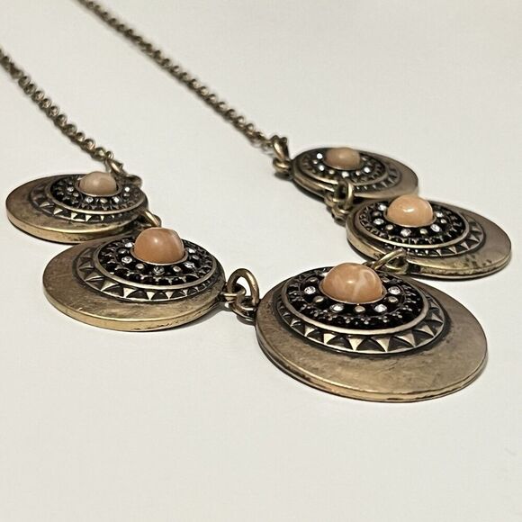 VTG Bronze Pink Coral Gem Art Deco Heavy Disc Chain Necklace 16-20” - Picture 4 of 5